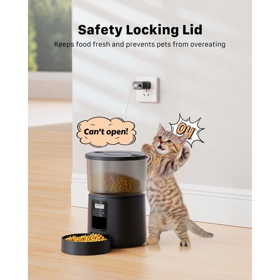 BEMOONY 5L Futterautomat Katze, Katzenfutter Automat mit Programmierbarem Timer, 1-6 Mahlzeiten pro Tag, Futterspender Katze mit Pressedeckel und 10s Aufnahmefunktion(Schwarz)