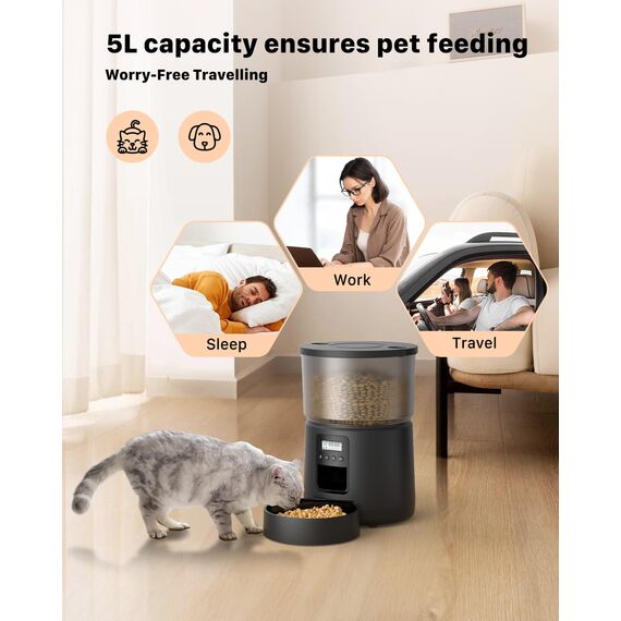 BEMOONY 5L Futterautomat Katze, Katzenfutter Automat mit Programmierbarem Timer, 1-6 Mahlzeiten pro Tag, Futterspender Katze mit Pressedeckel und 10s Aufnahmefunktion(Schwarz)