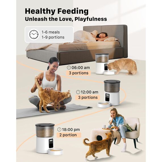 BEMOONY 5L Futterautomat Katze, Katzenfutter Automat mit Programmierbarem Timer, 1-6 Mahlzeiten pro Tag, Futterspender Katze mit Pressedeckel und 10s Aufnahmefunktion(Weiß)