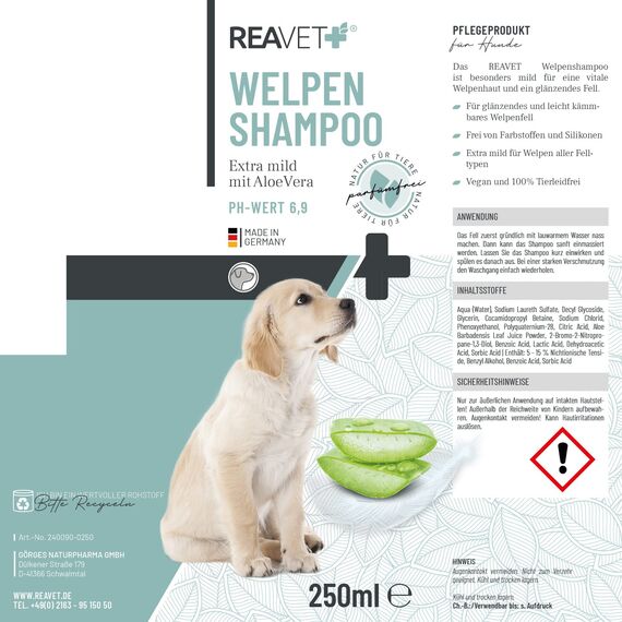 ReaVET Welpenshampoo Aloe Vera 250ml – extra mild für Hunde Welpen I Hundeshampoo, Shampoo für Hunde - glänzendes & leicht kämmbares Fell, Parfumfrei, Hundeshampoo Sensitiv