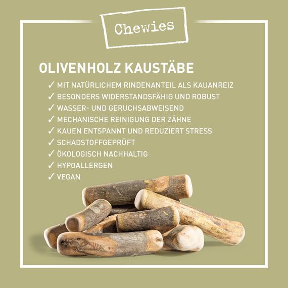 Chewies Kau-Knochen Hunde-Spielzeug aus Olivenholz, 100% natürliches Hundezubehör, Kauspielzeug Hund bis 10kg Größe S