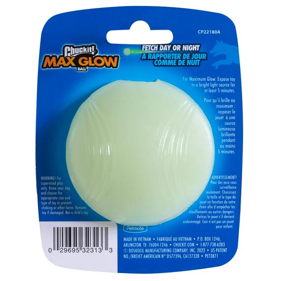Chuckit – Max Glow Ball Medium – Phosphoreszierender Ball für Hunde – Gummiball – weich im Mund – verstärkt die Komplizenschaft – Größe Medium – Durchmesser 6,5 cm