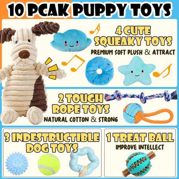 Speedy Panther 10 Stück Welpen Spielzeug Set - Plüsch Hundespielzeug mit Quietscher, Kauspielzeug & Ball für Kleine Hunde - Zahnpflege Welpenspielzeug & Zubehör für Junghunde