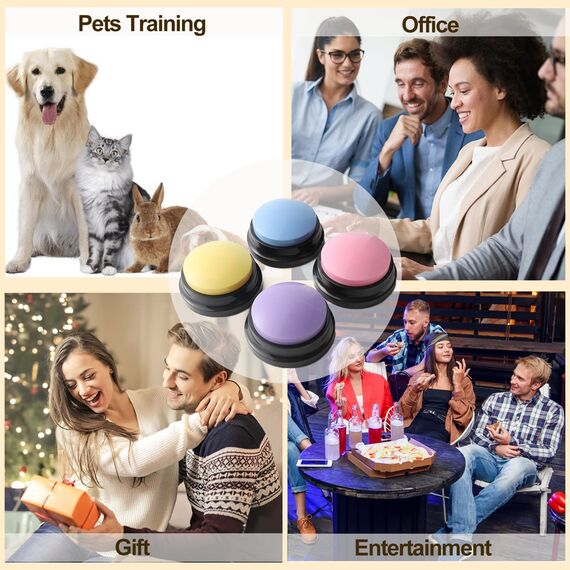 Buzzer mit Aufnahmefunktion, Buzzer mit Aufnahmefunktion, Intelligenzspielzeug für Hunde, Haustier Talking Training Antwort Buzzer, 30 Sekunden Aufnahme &Wiedergabe, 4 Stück