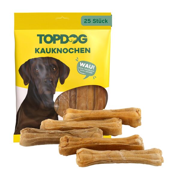 Topdog Kauknochen Hund 25 Stück 12 cm - Rinderhautknochen für Hunde aus 100% Rind - Hundekauknochen - Pflegt die Zähne und unterstützt den natürlichen Kautrieb Ihres Hundes