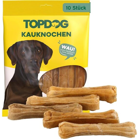 Topdog Kauknochen Hund 10 Stück 12 cm - Rinderhautknochen für Hunde aus 100% Rind - Hundekauknochen - Pflegt die Zähne und unterstützt den natürlichen Kautrieb Ihres Hundes