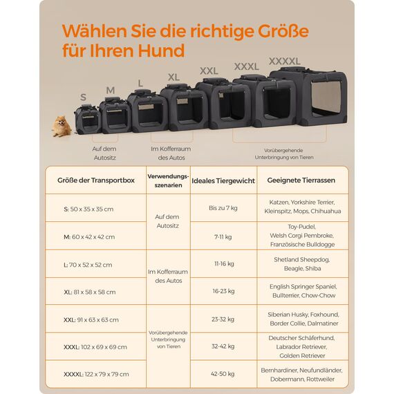 Feandrea Hundebox faltbar, Transportbox Hund, L, Hundetasche, Oxford-Gewebe, Netzstoff, atmungsaktiv tragbar transportabel, Metallrahmen, mit Griffen, Taschen, 70 x 52 x 52 cm, grau PDC70GY