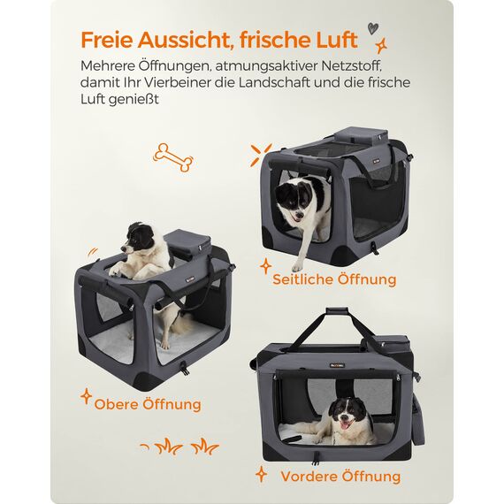 Feandrea Hundebox faltbar, Transportbox Hund, XL, Hundetasche, Oxford-Gewebe, Netzstoff, atmungsaktiv tragbar transportabel, Metallrahmen, mit Griffen, Taschen, 81 x 58 x 58 cm, grau PDC008G01