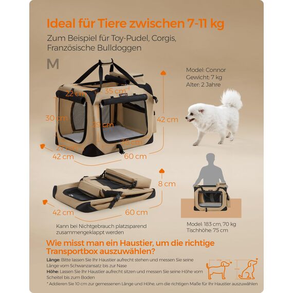 Feandrea Hundebox faltbar, Transportbox Hund, M, Hundetasche, Oxford-Gewebe, Netzstoff, atmungsaktiv tragbar transportabel, Metallrahmen, mit Griffen, Taschen, 60 x 42 x 42 cm, Kamelbraun PDC060K01
