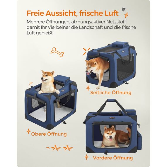 Feandrea Hundebox faltbar, Transportbox Hund, L, Hundetasche, Oxford-Gewebe, Netzstoff, atmungsaktiv tragbar transportabel, Metallrahmen, mit Griffen, Taschen, 70 x 52 x 52 cm, dunkelblau PDC70Z