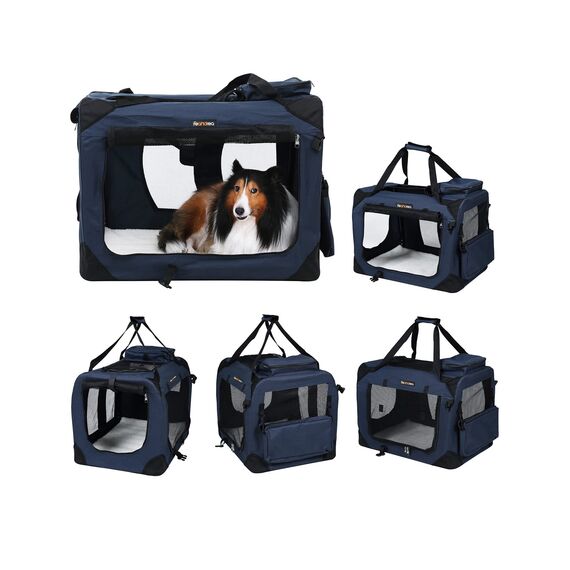 Feandrea Hundebox faltbar, Transportbox Hund, XXL, Hundetasche, Oxford-Gewebe, Netzstoff, atmungsaktiv tragbar transportabel, Metallrahmen, mit Griffen, Taschen, 91 x 63 x 63 cm, dunkelblau PDC90Z