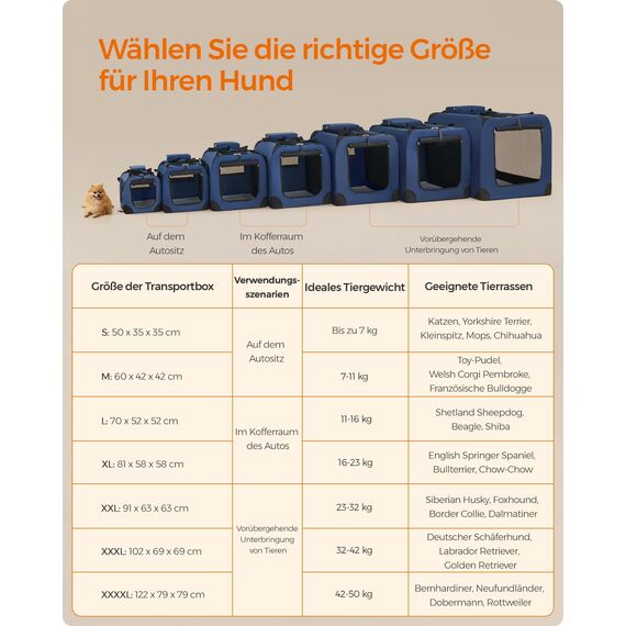 Feandrea Hundebox faltbar, Transportbox Hund, L, Hundetasche, Oxford-Gewebe, Netzstoff, atmungsaktiv tragbar transportabel, Metallrahmen, mit Griffen, Taschen, 70 x 52 x 52 cm, dunkelblau PDC70Z