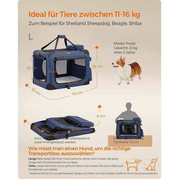 Feandrea Hundebox faltbar, Transportbox Hund, L, Hundetasche, Oxford-Gewebe, Netzstoff, atmungsaktiv tragbar transportabel, Metallrahmen, mit Griffen, Taschen, 70 x 52 x 52 cm, dunkelblau PDC70Z