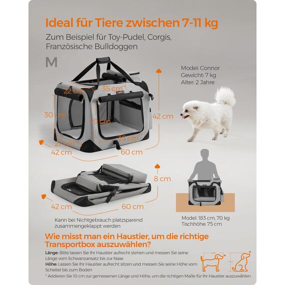 Feandrea Hundebox faltbar, Transportbox Hund, M, Hundetasche, Oxford-Gewebe, Netzstoff, atmungsaktiv tragbar transportabel, Metallrahmen, mit Griffen, Taschen, 60 x 42 x 42 cm, rauchgrau PDC060G02