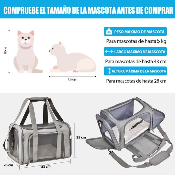 TOFFCAEA Transporttasche für Katze Hund, Hundetransportbox, Faltbare Katzentransportbox, tragbar, 5kg Katzen Hunde Tragebox, für mittelgroße Hunde, Katze (M, Grau) L 43 x B 28 x H 28 cm