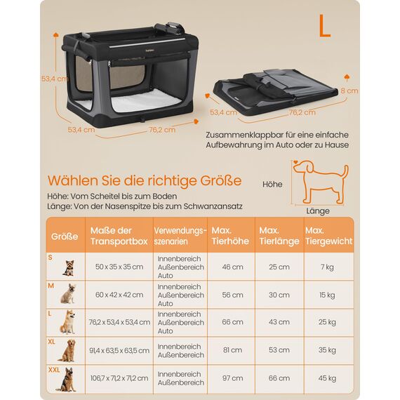 Feandrea Hundebox faltbar, 76,2 cm Transportbox für mittelgroße Hunde, Hundetasche, Oxford-Gewebe, mit 4 Türen aus Netzstoff, Griffen, Taschen für Futter und Wasserflasche, tintenschwarz PDC017B01