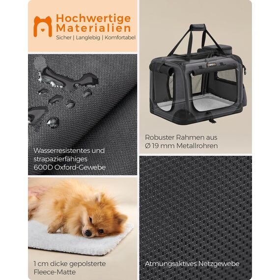 Feandrea Hundebox faltbar, Transportbox Hund, S, Hundetasche, Oxford-Gewebe, Netzstoff, atmungsaktiv tragbar transportabel, Metallrahmen, mit Griffen, Taschen, 50 x 35 x 35 cm, grau PDC50G01