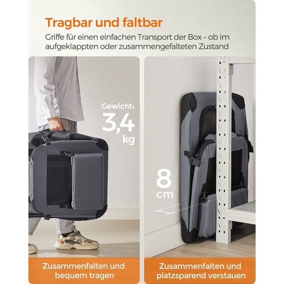 Feandrea Hundebox faltbar, Transportbox Hund, L, Hundetasche, Oxford-Gewebe, Netzstoff, atmungsaktiv tragbar transportabel, Metallrahmen, mit Griffen, Taschen, 70 x 52 x 52 cm, grau PDC70GY