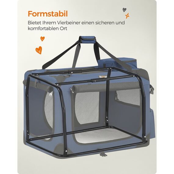 Feandrea Hundebox faltbar, Transportbox Hund, L, Hundetasche, Oxford-Gewebe, Netzstoff, atmungsaktiv tragbar transportabel, Metallrahmen, mit Griffen, Taschen, 70 x 52 x 52 cm, dunkelblau PDC70Z