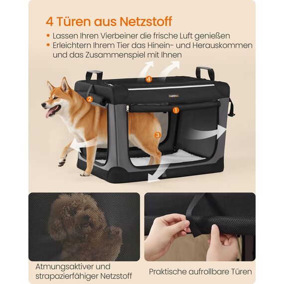 Feandrea Hundebox faltbar, 76,2 cm Transportbox für mittelgroße Hunde, Hundetasche, Oxford-Gewebe, mit 4 Türen aus Netzstoff, Griffen, Taschen für Futter und Wasserflasche, tintenschwarz PDC017B01