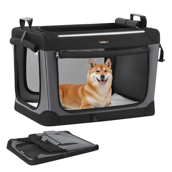 Feandrea Hundebox faltbar, 76,2 cm Transportbox für mittelgroße Hunde, Hundetasche, Oxford-Gewebe, mit 4 Türen aus Netzstoff, Griffen, Taschen für Futter und Wasserflasche, tintenschwarz PDC017B01