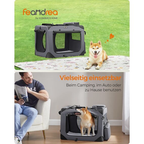 Feandrea Hundebox faltbar, Transportbox Hund, L, Hundetasche, Oxford-Gewebe, Netzstoff, atmungsaktiv tragbar transportabel, Metallrahmen, mit Griffen, Taschen, 70 x 52 x 52 cm, grau PDC70GY