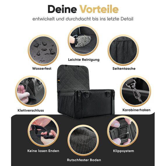 HELDENWERK Extra Stabiler Hunde Autositz -Verstärkte Wände und 5 Gurte - Wasserdichter Hundeautositz für Rück- und Vordersitz (Schwarz, Standardgröße)