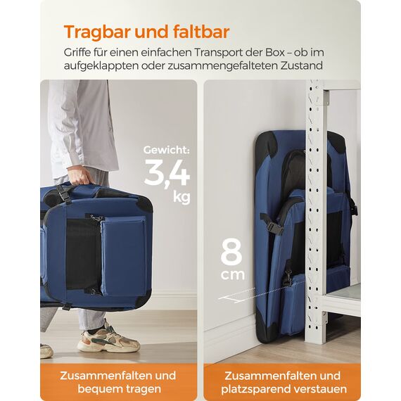Feandrea Hundebox faltbar, Transportbox Hund, L, Hundetasche, Oxford-Gewebe, Netzstoff, atmungsaktiv tragbar transportabel, Metallrahmen, mit Griffen, Taschen, 70 x 52 x 52 cm, dunkelblau PDC70Z