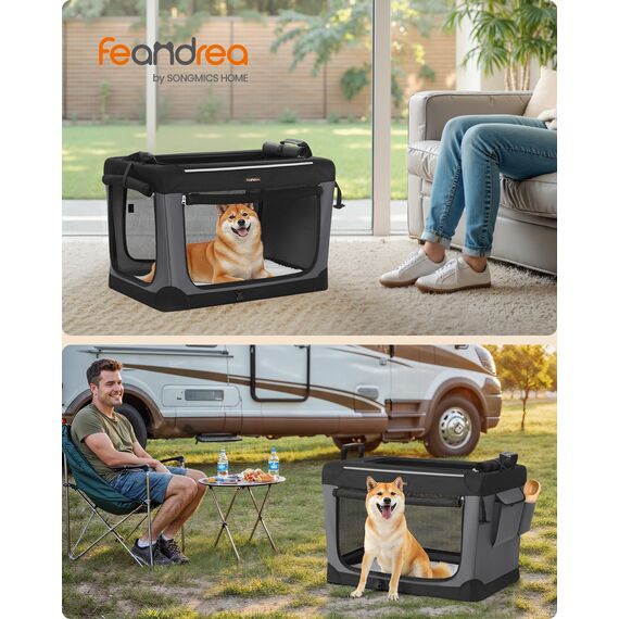 Feandrea Hundebox faltbar, 76,2 cm Transportbox für mittelgroße Hunde, Hundetasche, Oxford-Gewebe, mit 4 Türen aus Netzstoff, Griffen, Taschen für Futter und Wasserflasche, tintenschwarz PDC017B01