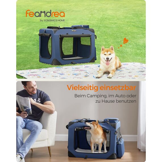 Feandrea Hundebox faltbar, Transportbox Hund, L, Hundetasche, Oxford-Gewebe, Netzstoff, atmungsaktiv tragbar transportabel, Metallrahmen, mit Griffen, Taschen, 70 x 52 x 52 cm, dunkelblau PDC70Z
