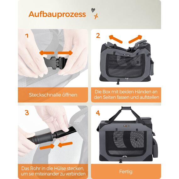 Feandrea Hundebox faltbar, Transportbox Hund, L, Hundetasche, Oxford-Gewebe, Netzstoff, atmungsaktiv tragbar transportabel, Metallrahmen, mit Griffen, Taschen, 70 x 52 x 52 cm, grau PDC70GY