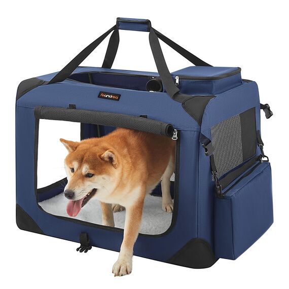 Feandrea Hundebox faltbar, Transportbox Hund, L, Hundetasche, Oxford-Gewebe, Netzstoff, atmungsaktiv tragbar transportabel, Metallrahmen, mit Griffen, Taschen, 70 x 52 x 52 cm, dunkelblau PDC70Z