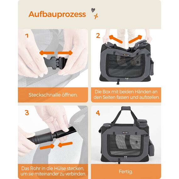 Feandrea Hundebox faltbar, Transportbox Hund, M, Hundetasche, Oxford-Gewebe, Netzstoff, atmungsaktiv tragbar transportabel, Metallrahmen, mit Griffen, Taschen, 60 x 42 x 42 cm, grau PDC60GY