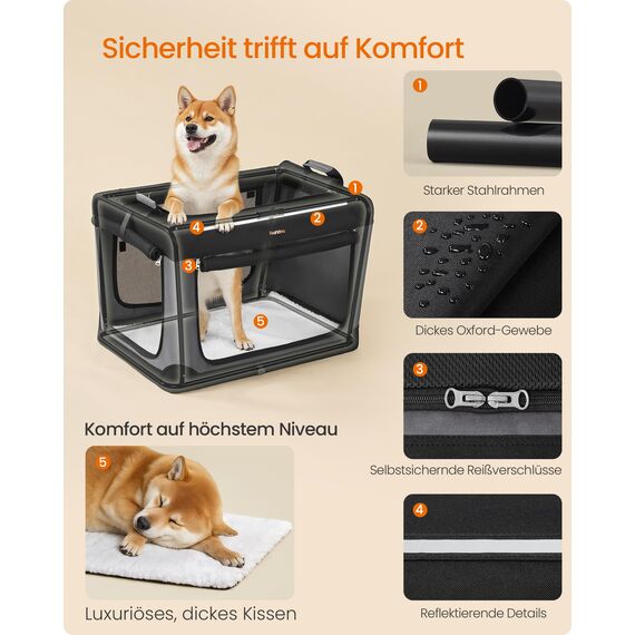 Feandrea Hundebox faltbar, 76,2 cm Transportbox für mittelgroße Hunde, Hundetasche, Oxford-Gewebe, mit 4 Türen aus Netzstoff, Griffen, Taschen für Futter und Wasserflasche, tintenschwarz PDC017B01