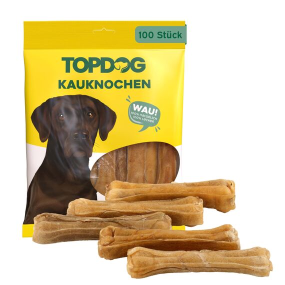 Topdog Kauknochen Hund 100 Stück 12 cm - Rinderhautknochen für Hunde aus 100% Rind - Hundekauknochen - Pflegt die Zähne und unterstützt den natürlichen Kautrieb Ihres Hundes