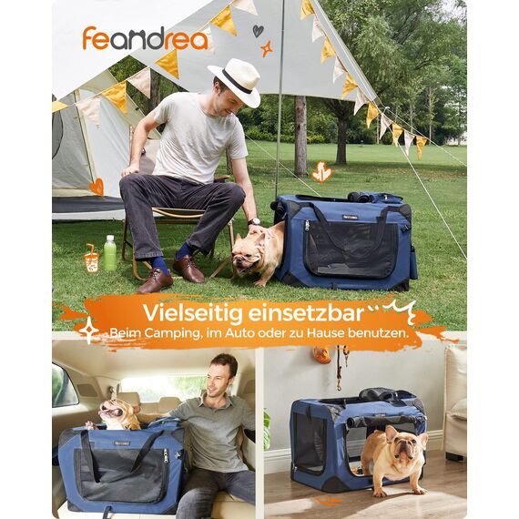 Feandrea Hundebox faltbar, Transportbox Hund, M, Hundetasche, Oxford-Gewebe, Netzstoff, atmungsaktiv tragbar transportabel, Metallrahmen, mit Griffen, Taschen, 60 x 42 x 42 cm, dunkelblau PDC60Z