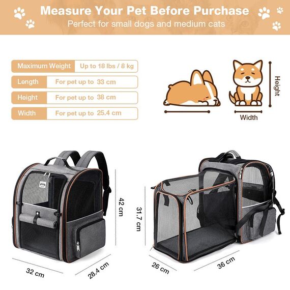 Lekespring Erweiterbar Katzenrucksack Hunderucksack für Katzen Hunde bis 8kg, Groß Katzen Rucksack Faltbare Haustier Rucksack mit Innerer Sicherheitsleine und Haustiermatte, Grau