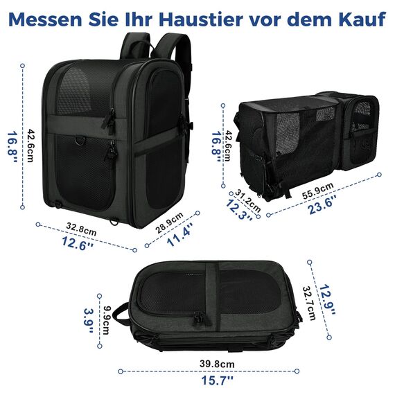 apollo walker Erweiterbar Katzenrucksack Hunderucksack Haustier Rucksäcke Haustier Tragetasche für Hunde und Katzen weich, faltbar Schwarz