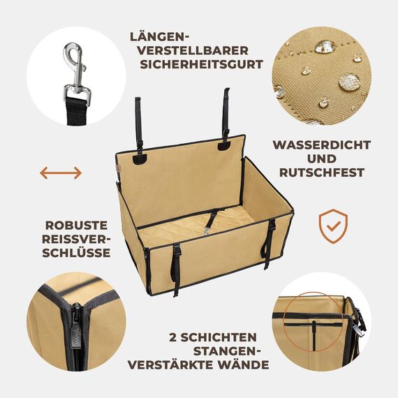WUGLO Extra Stabiler Hunde Autositz mit Sicherheitsgurt – Wasserdichter und Robuster Autositz Hund für den Rücksitz mit 4 Befestigungsgurten, geeignet für große Hunde bis 26 kg