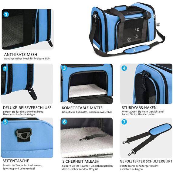 TOFFCAEA Transporttasche für Katze Hund, Hundetransportbox, Faltbare Katzentransportbox, tragbar, 5kg Katzen Hunde Tragebox, für mittelgroße Hunde, Katze (M, Blau) L 43cm x B 28cm x H 28 cm