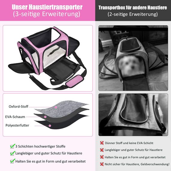 TOFFCAEA Transporttasche für Katze Hund, Hundetransportbox, Faltbare Katzentransportbox, tragbar, 8kg Katzen Hunde Tragebox, für mittelgroße Hunde, Katze (Rosa, L 50 x B 34 x H 34 cm)