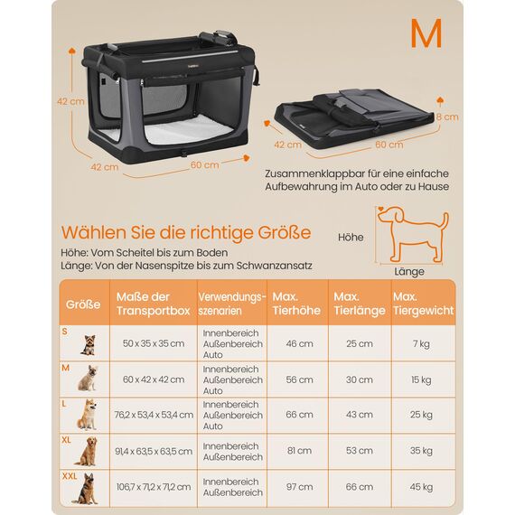 Feandrea Hundebox faltbar, 60 cm Transportbox für kleine Hunde, Hundetasche, Oxford-Gewebe, mit 4 Türen aus Netzstoff, Griffen, Taschen für Futter und Wasserflasche, tintenschwarz PDC016B01