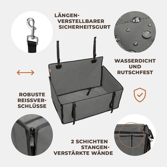 WUGLO Extra Stabiler Hunde Autositz mit Sicherheitsgurt – Wasserdichter und Robuster Autositz Hund für den Rücksitz mit 4 Befestigungsgurten, geeignet für große Hunde bis 26 kg