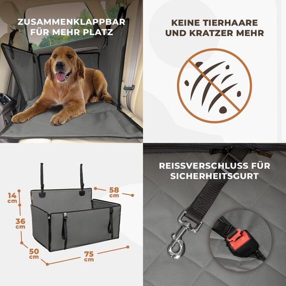 WUGLO Extra Stabiler Hunde Autositz mit Sicherheitsgurt – Wasserdichter und Robuster Autositz Hund für den Rücksitz mit 4 Befestigungsgurten, geeignet für große Hunde bis 26 kg