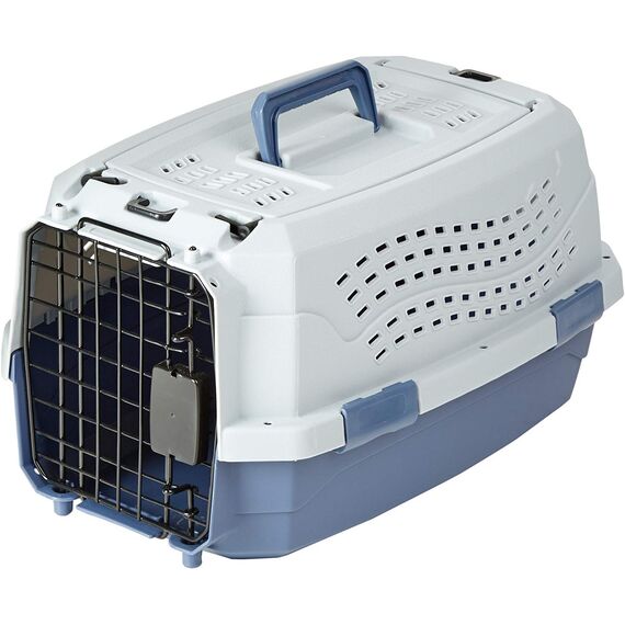 Amazon Basics Hund Transportbox für Haustiere, 2 Türen, 1 Dachöffnung, L 48 x B 32 x H 25 cm, Blau