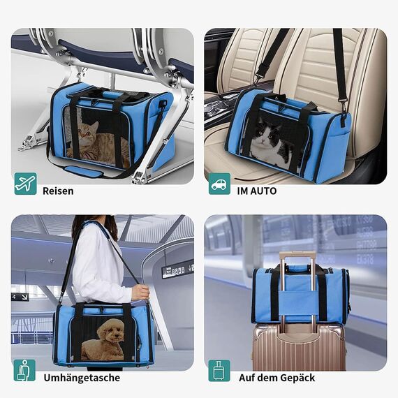 TOFFCAEA Transporttasche für Katze Hund, Hundetransportbox, Faltbare Katzentransportbox, tragbar, 5kg Katzen Hunde Tragebox, für mittelgroße Hunde, Katze (M, Blau) L 43cm x B 28cm x H 28 cm