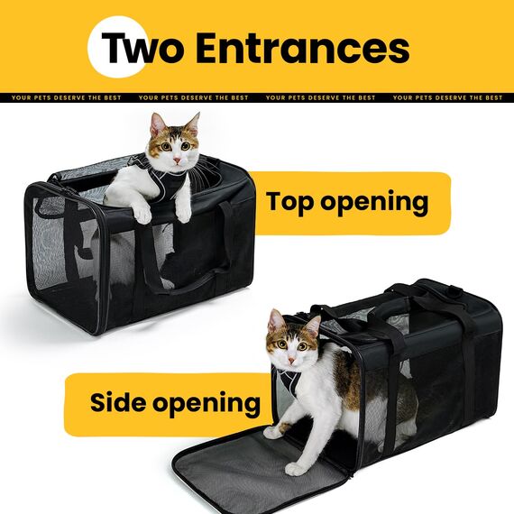 Conlun Katzentransportbox,Weiche Katzentransporttasche mit 4-seitigem Netz, Flugzeugtaugliche Katzentasche für Kleine&Mittelgroße Katze Kätzchen Welpen bis 6 Kg, Hundetransportbox Faltbar-M, Schwarz