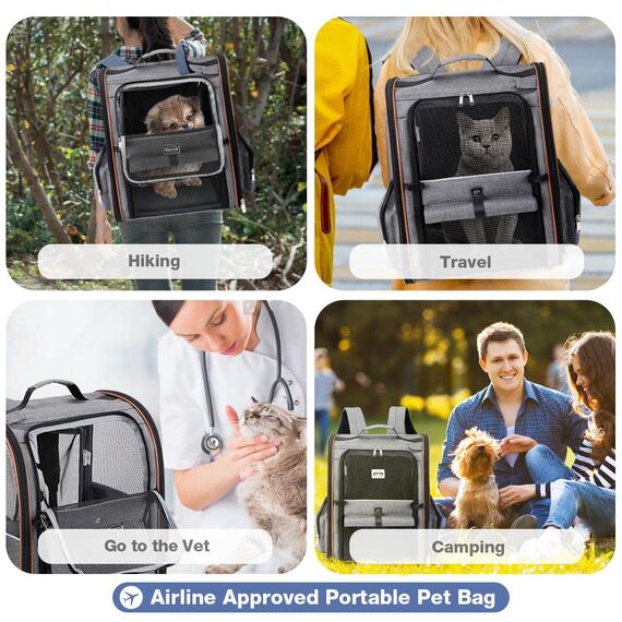 Lekespring Erweiterbar Katzenrucksack Hunderucksack für Katzen Hunde bis 8kg, Groß Katzen Rucksack Faltbare Haustier Rucksack mit Innerer Sicherheitsleine und Haustiermatte, Grau