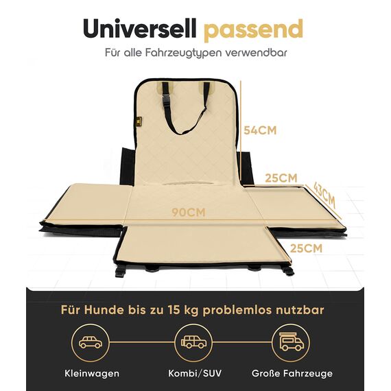 HELDENWERK Extra Stabiler Hunde Autositz -Verstärkte Wände und 5 Gurte - Wasserdichter Hundeautositz für Rück- und Vordersitz (Beige, Standardgröße)