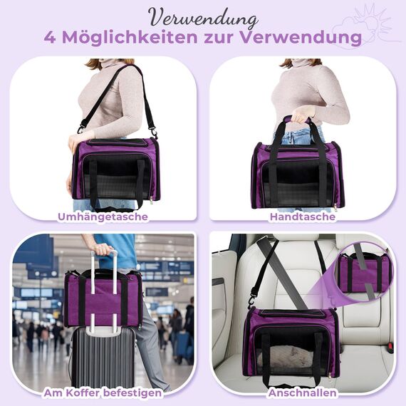 TOFFCAEA Transporttasche für Katze Hund, Hundetransportbox, Faltbare Katzentransportbox, tragbar, 5kg Katzen Hunde Tragebox, für mittelgroße Hunde, Katze (Lila, L 43 x B 28 x H 28 cm)